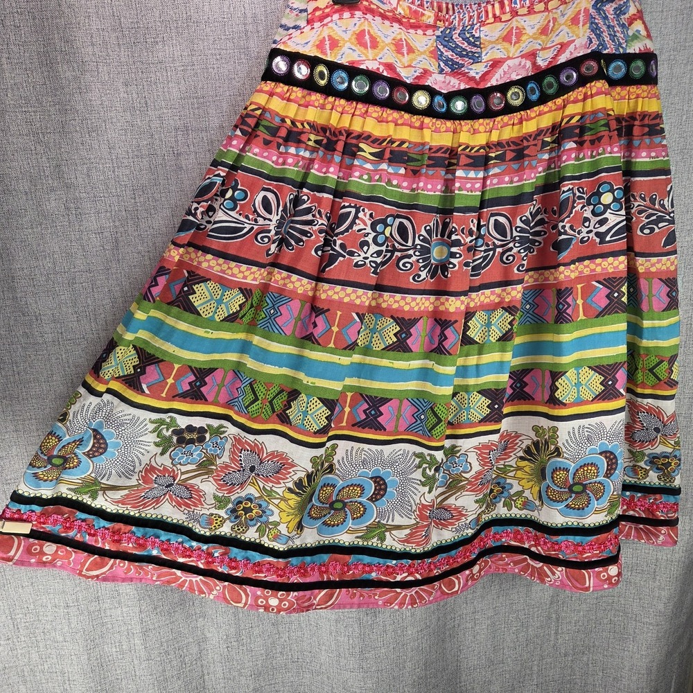 VTG Banjara Skirt WD.NY India Patchwork Ribbon Trim Linen Full Tiered SZ 8 Midi - Picture 3 of 11